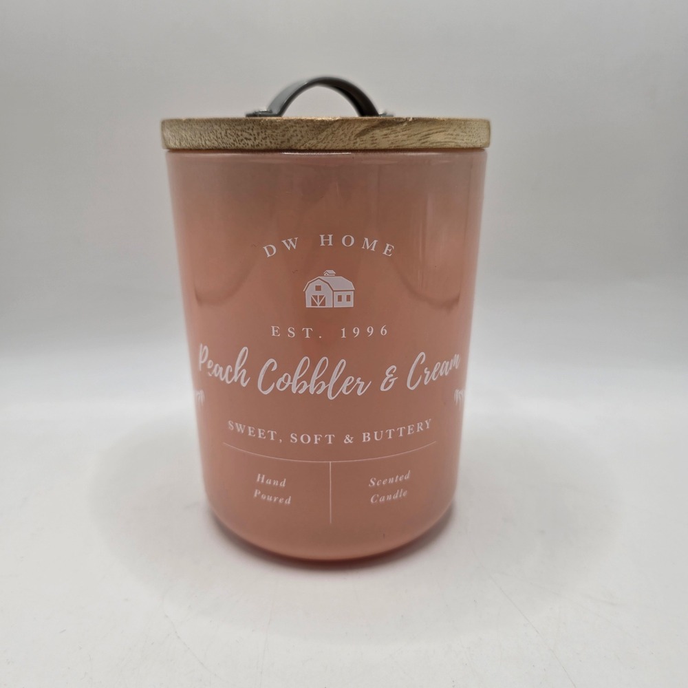 DW Home Peach Cobbler & Cream Scented Candle 15.1oz Wood Lid 2-Wick Farmhouse
